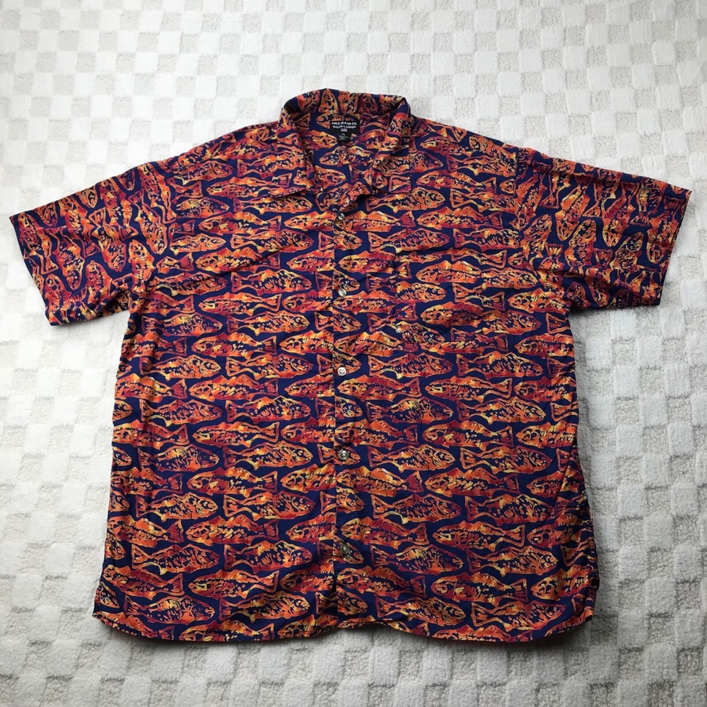 Vintage Ralph Lauren Polo Jeans Shirt Mens XL Loop Collar Y2K Hawaiian Fish AOP